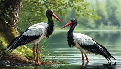 A 2 black stork is resting on a lake in nature