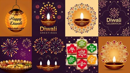 A Vibrant Collage of Diwali Designs Featuring Colorful Lanterns for Festive Celebrations