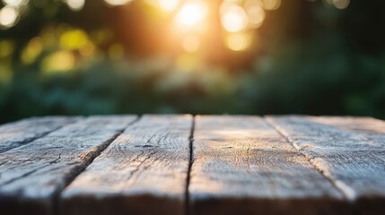 This image captures a rustic wooden table under the radiant sunlight, with the edges slightly worn and an attractive blur in the green background, evoking a sense of tranquility.