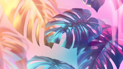 Tropical leaves in bright colors on a colorful background.