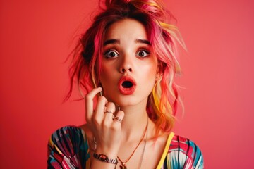 Bold fashion shot of young woman vibrant and extravagant hair. Whimsical and fashionable portrait of confident extravagant woman. Exploration of daring fashion and beauty of uniqueness.