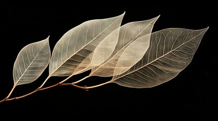 Canvas Print -  A leaf on a twig against a dark background, illuminated from above by light