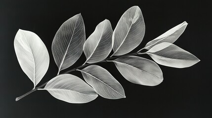 Wall Mural -  A monochromatic image of a tree branch with foliage in the foreground on a black backdrop