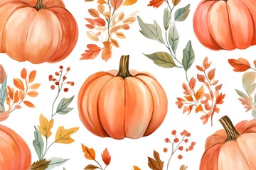 Wall Mural - A painting of pumpkins and leaves with a white background. The pumpkins are orange and the leaves are green. The painting has a warm and cozy feeling, evoking the idea of fall and harvest season