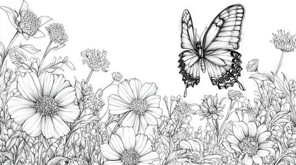 Poster -   Black & white illustration of a butterfly soaring above a daisy-filled meadow