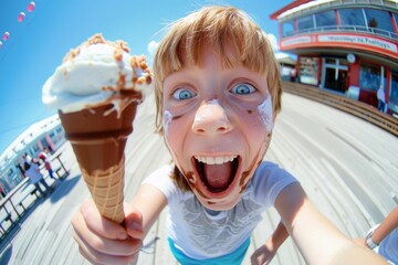 Young girl short red hair beams joyfully neutral backdrop. Lively teen girl showing off her radiant smile and trendy haircut. Ice cream makes this child's day.