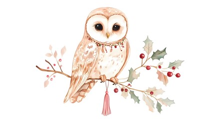 Hand-painted Bohemian Christmas owl clipart featuring delicate festive accessories like a tassel necklace and a tiny holly branch. The owl is illustrated in muted tones such as dusty pink, ivory, 