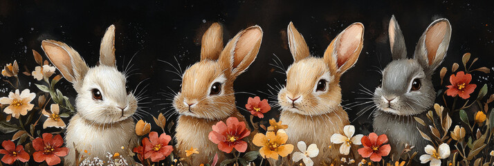 Canvas Print - Four adorable bunnies peeking out from a field of flowers.