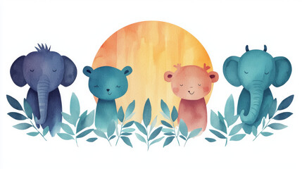 Cute watercolor illustration of an elephant, bear, and deer in a whimsical forest setting.