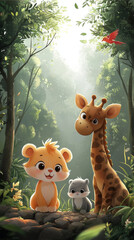 Wall Mural - Cute cartoon animals in a forest setting.