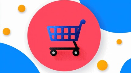 Stylized shopping cart icon on a vibrant background with blue and red circular designs, ideal for e-commerce themes.