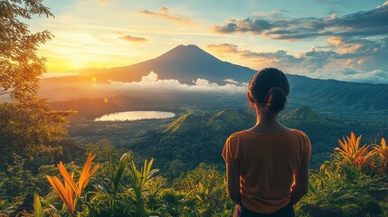 Woman Admires Scenic Mountain View at Sunset