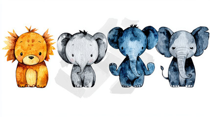 Wall Mural - Cute watercolor illustration of a lion and three elephants.