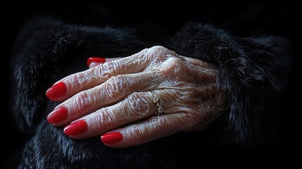 Canvas Print -   Close-up image of a woman's hand in red nails with a golden ring on the index finger, wearing a black fur coat