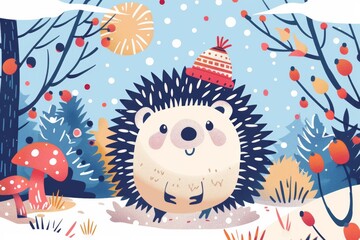 winter hedgehog in festive forest illustration