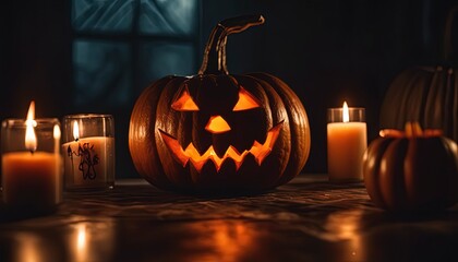 halloween scene, scary pumpkin, candles in the dark, halloween pumpkin