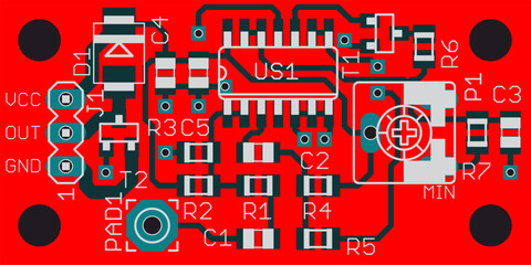 Wall Mural - Vector printed circuit board of electronic 
device with components of radio elements, 
conductors and contact pads placed on pcb. 
Engineering technical drawing.