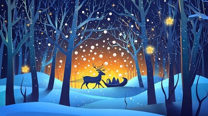 Poster -   A person riding a sleigh pulled by reindeer in a snowy forest with snowfall on the ground