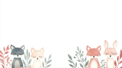 Wall Mural - Cute watercolor foxes with greenery on a white background