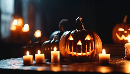 halloween scene, scary pumpkin, candles in the dark, halloween pumpkin