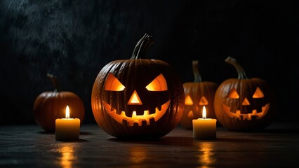 halloween scene, scary pumpkin, candles in the dark, halloween pumpkin