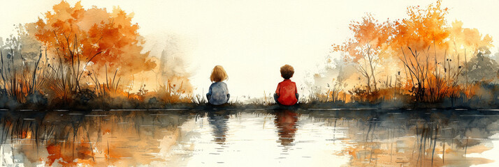 Wall Mural - Two children sit by a lake, looking out at the water. The trees behind them are a fiery orange.