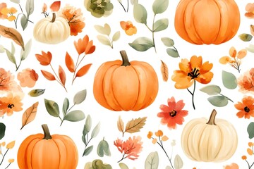 Wall Mural - A watercolor painting of pumpkins and flowers with a fall theme. The pumpkins are orange and the flowers are yellow