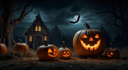 Wall Mural - halloween scene, scary pumpkin, candles in the dark, halloween pumpkin