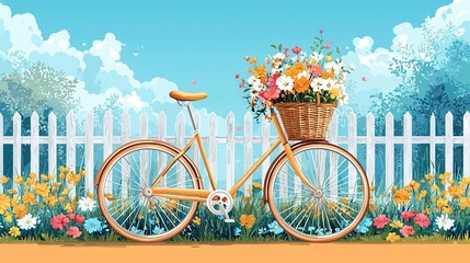 Canvas Print -  A bicycle with a basket full of flowers in front of a white picket fence adorned with additional flowers