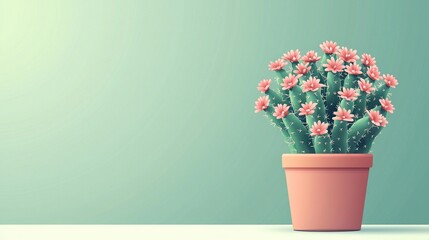 Poster -  A potted plant with pink flowers rests on a table, positioned against a green backdrop and a soft light blue background