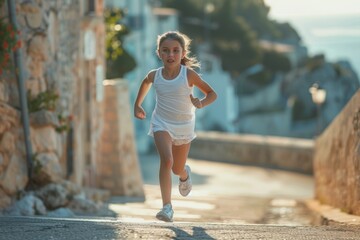 Youthful spirit of small girl running sandy shores of mediterranean. Child blue enjoying active lifestyle sea. Allegory of exploration and freedom along expansive shore.