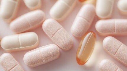 A close-up image showing a mix of pink pills and yellow softgel capsules on a white background, emphasizing medication, health care, and nutritional supplements.