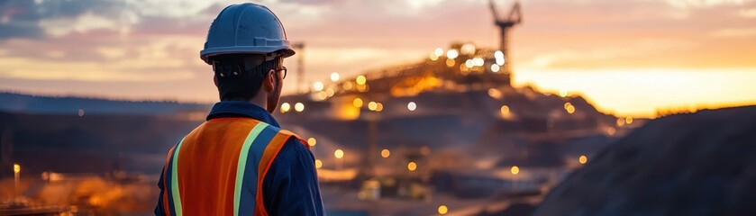 Wall Mural - Engineer Overlooking Industrial Site at Sunset with Safety Gear and Reflective Vest