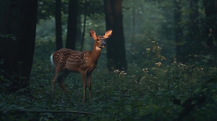   Deer in forest with turned head and open eyes