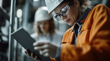 Two engineers in a work environment, one holding a digital tablet and both wearing hard hats and safety vests, engaged in a discussion amidst machinery and industrial setting.