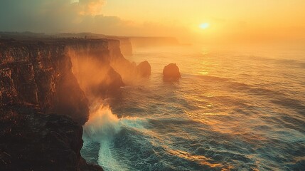 Wall Mural -  The sun is setting on cliffs beside the ocean as waves crash in front of them