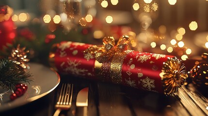   A red-wrapped present rests atop a table alongside a plate bearing a knife and fork