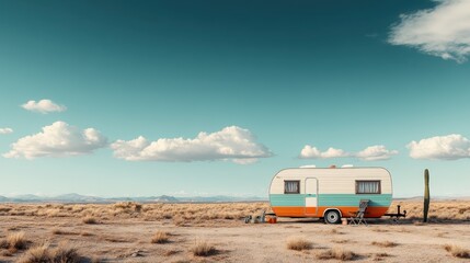 A charming retro camper trailer is parked in the middle of a serene desert, under a sky dotted with clouds. The tranquil scene evokes a feeling of peaceful escape and solitude.