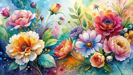 A delicate dance of colors unfurls on the canvas, as vibrant flowers burst forth with intricate details, rendered in soft flowing strokes that evoke a sense of gentle ease.