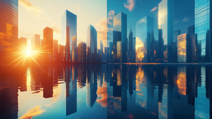 Poster - A modern skyscrapers of a smart city, futuristic district with buildings and reflections on the water surface, blue color background for corporate and business with sun rays of light.