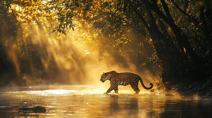 Wall Mural -   A leopard saunters across a river, framed by a dense forest of green and gold trees bathed in golden light