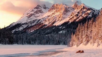 Wall Mural -   A brown bear stands atop a snow-covered field, adjacent to a forest of towering snowy peaks