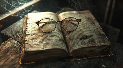 Wall Mural -   A book with a pair of glasses resting atop it, and another pair of glasses positioned beside it