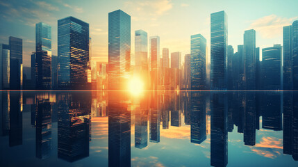 Poster - A modern skyscrapers of a smart city, futuristic district with buildings and reflections on the water surface, blue color background for corporate and business with sun rays of light.