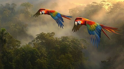   Two colorful parrots soaring above a lush forest and misty sky