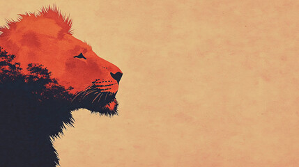 A lion's profile in an abstract style with a forest silhouette.