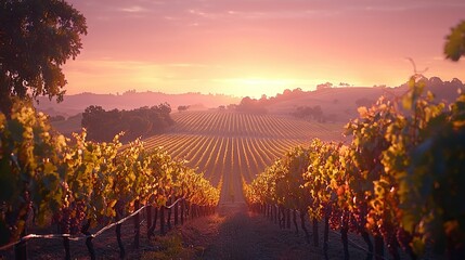 Wall Mural -   A vineyard at sunset with the sun behind the trees in the foreground and the hills in the distance