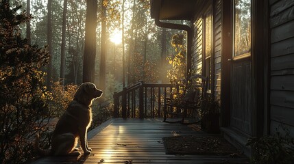 Wall Mural -   A dog sits on a porch in front of a house with sunlight filtering through the background trees