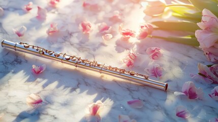 Wall Mural -   Flute resting atop table amidst pink blossoms & tulips