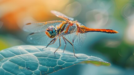 A Colorful Dragonfly Perched on a Green Leaf